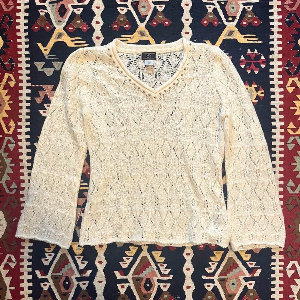 Cream Bell Sleeve Knit Top Fairycore Embellished Studded Neckline - Medium